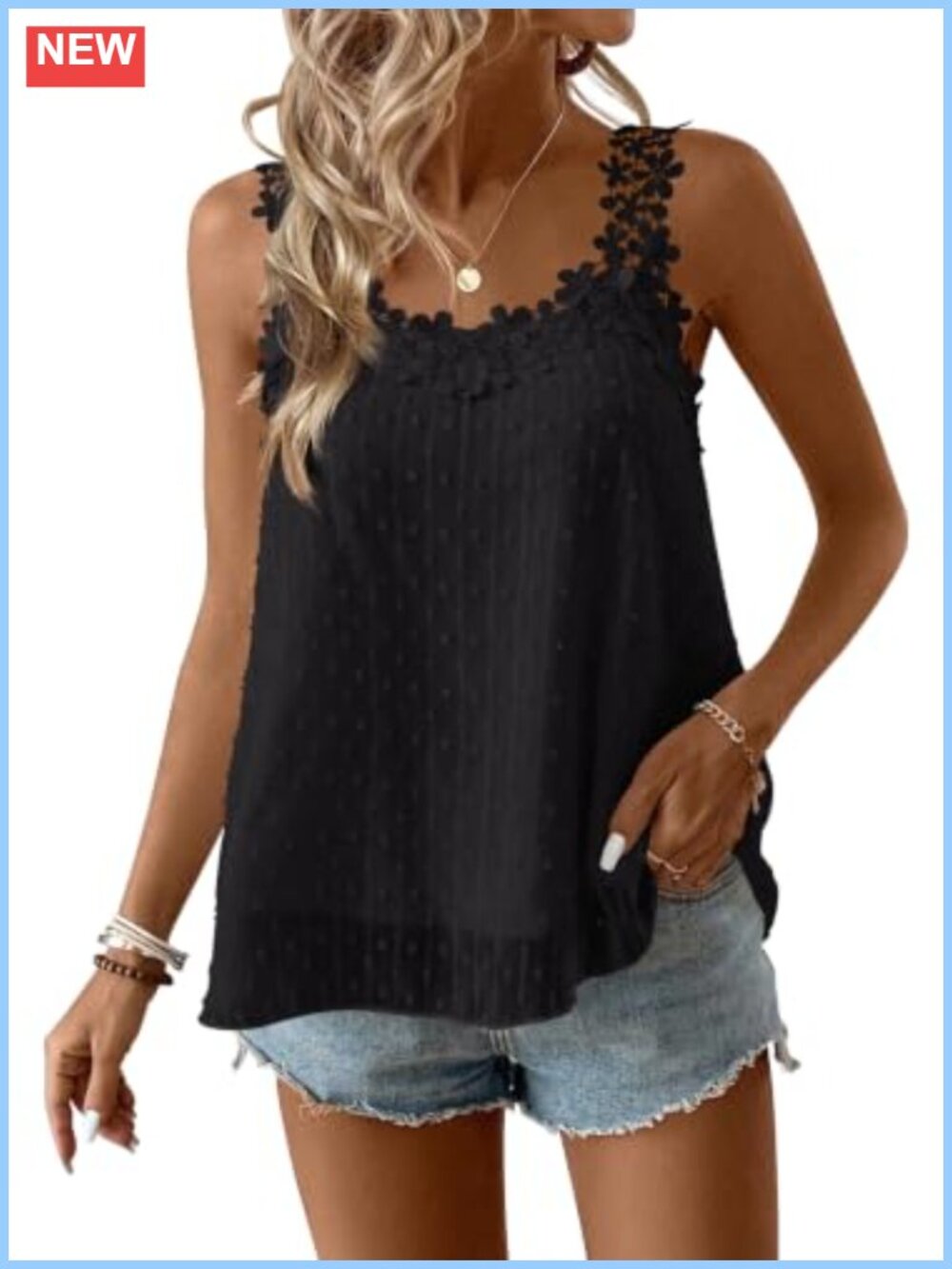 Swiss Dot Boho Floral V Neck Tank Top Adjustable Lace Straps Sleeveless